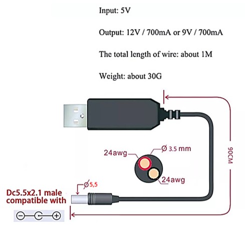 Кабель USB підвищення DC-DC до 9В, живлення роутера